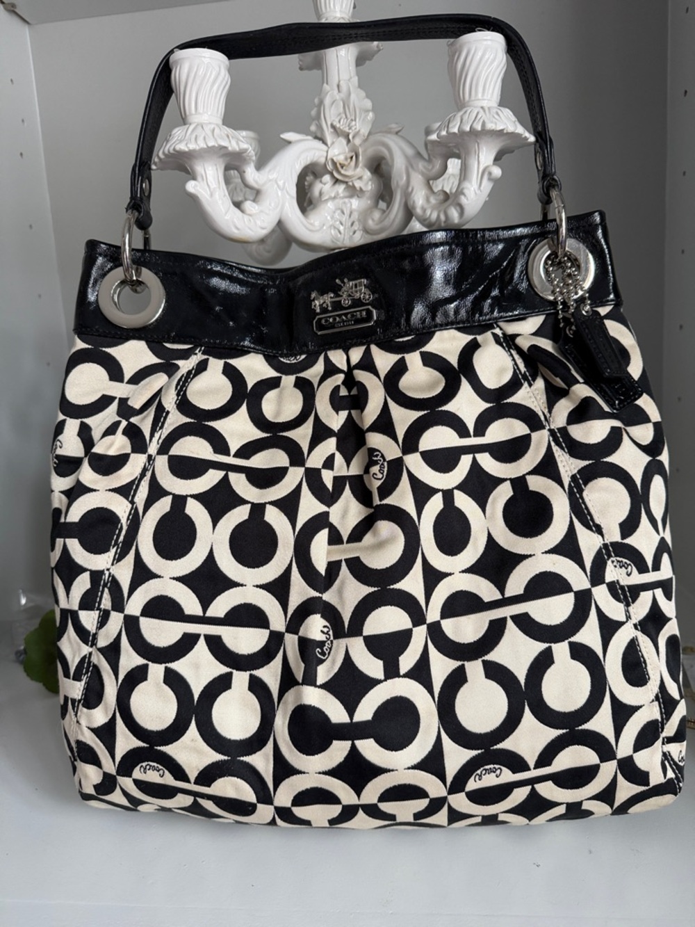 Coach Black and Ivory Signature Canvas Shoulder Tote 15”x15